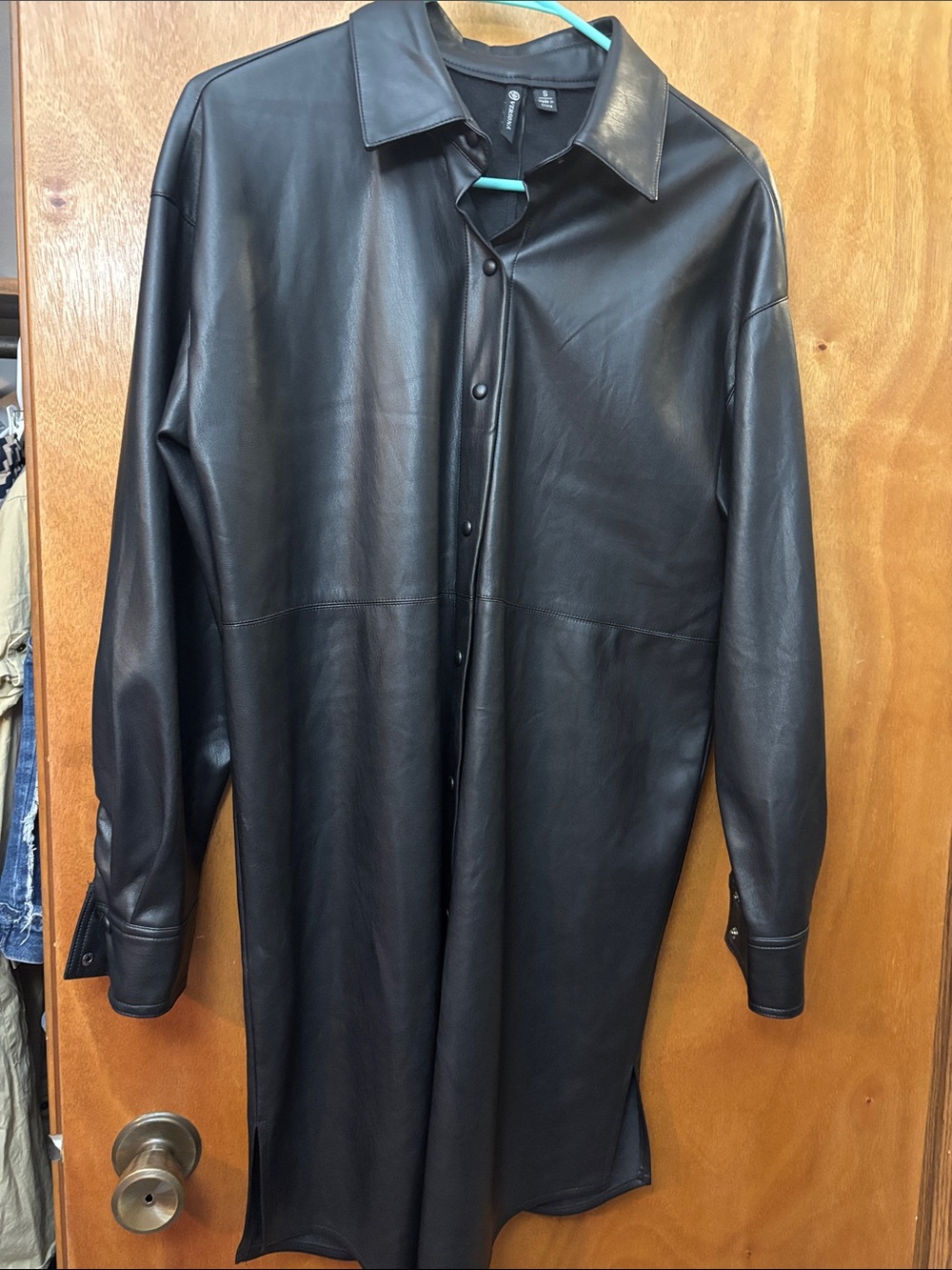 Versona Black Faux Leather Long Trench Shirt dress